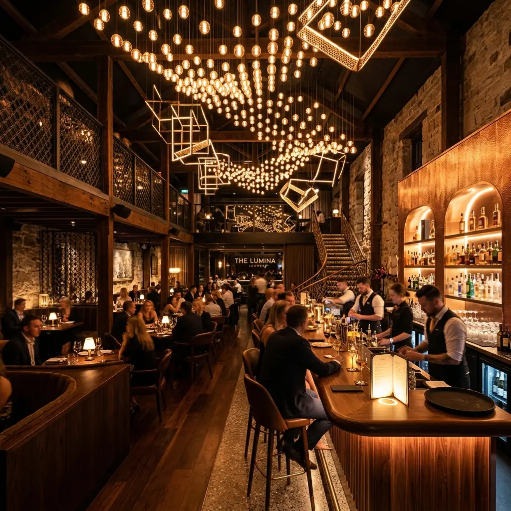 Hospitality interior with feature lighting over a bar counter, featured as an entertainment venue