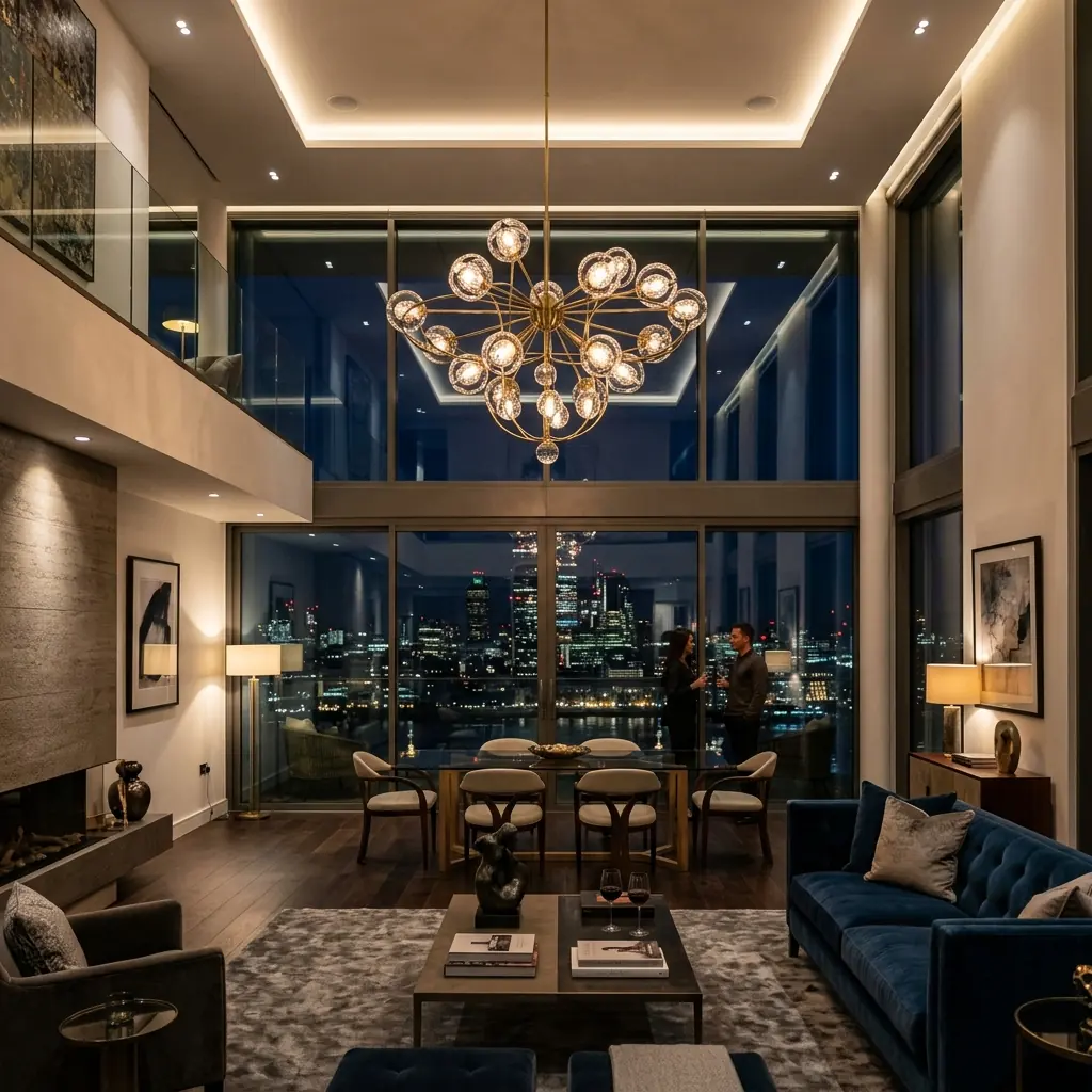 Open living space with cove lighting and a statement pendant, featured as a coastal penthouse