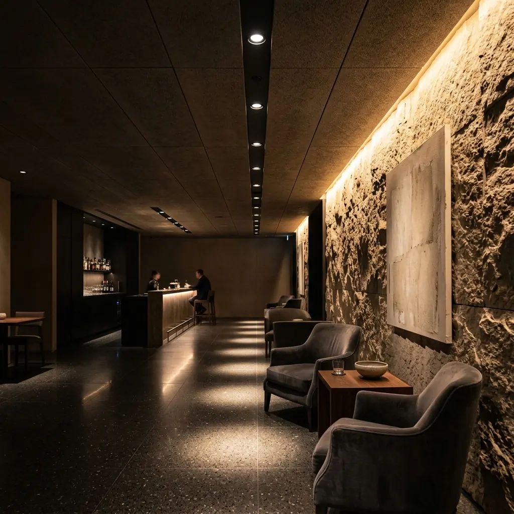 Bedroom with recessed downlights and linear lighting integrated into the ceiling